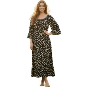 Mlle Gabrielle Women’s 1X Black Daisy Floral Ruched Midi Dress Puff Sleeves